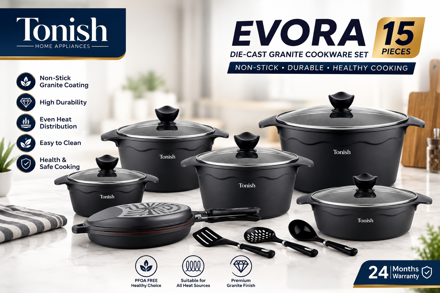 سرویس قابلمه 15 پارچه تونیش مدل Evora گرانیتی